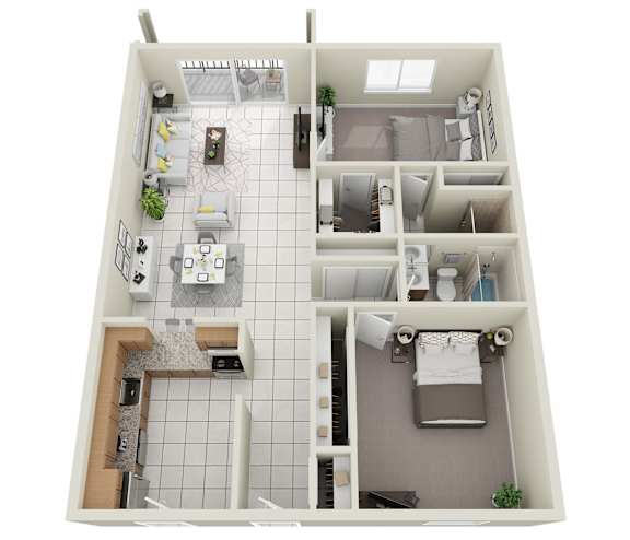 A floor plan of a two-story apartment with a kitchen, living room, and bedrooms.