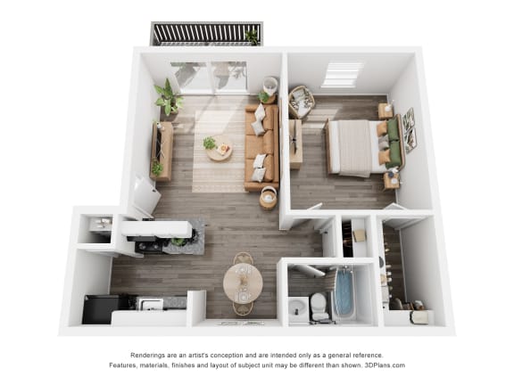 a 1 bedroom floorplan is shown in this rendering