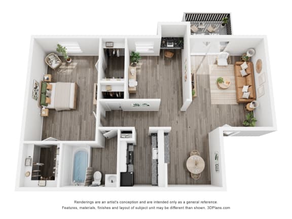 a 1 bedroom floorplan is shown in this rendering