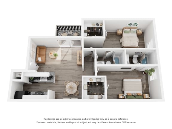 a stylized floor plan with a bedroom and a living room