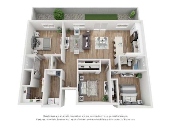 A 3D floor plan of a house with a living room, kitchen, and two bedrooms.
