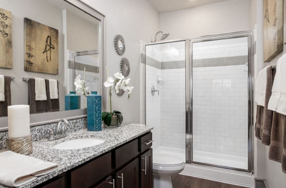 A bathroom with a sink, mirror, and shower.