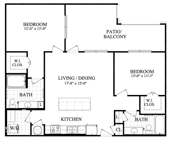 A floor plan of a home with two bedrooms, a living/dining area, a kitchen, and a bathroom.