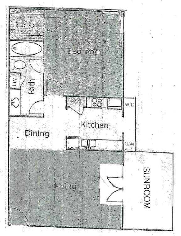 A floor plan of a house with a living room, dining room, kitchen, and bathroom.