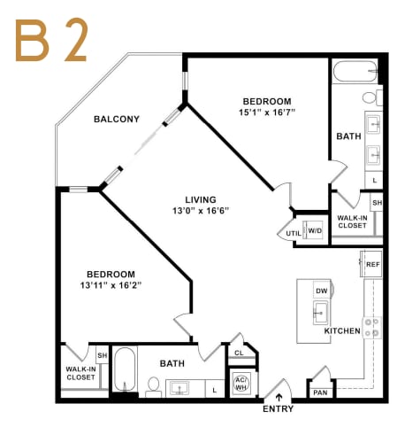 A black and white image of a floor plan for a B2 apartment.
