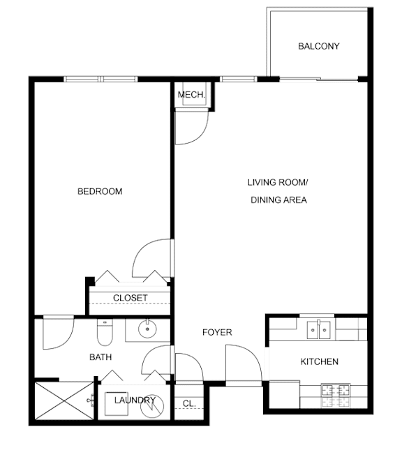 A floor plan of a home with a bedroom, bathroom, laundry, foyer, and kitchen.
