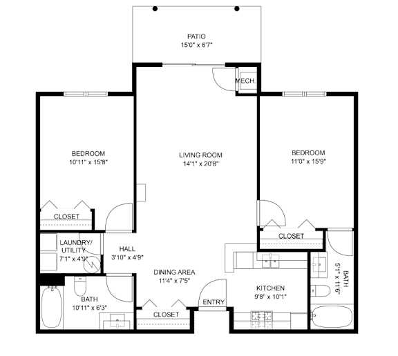 A black and white floor plan of a house with a living room, two bedrooms, a bathroom, a laundry/utility area, a dining area, a kitchen, and two closets.
