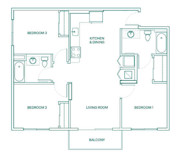 A floor plan of a house with a living room, kitchen, and three bedrooms.