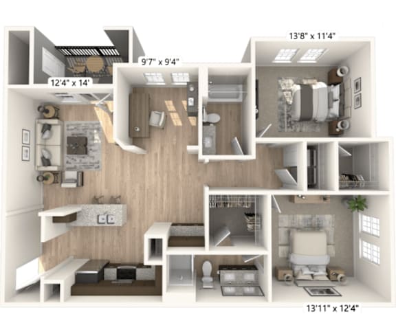 A 3D floor plan of a small apartment with a kitchen, living room, and bedroom.