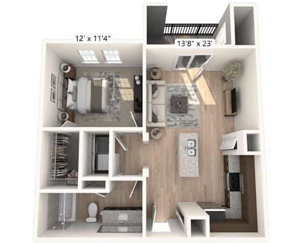 A 12x11.4" image of a room with a bed, a couch, a table, and a TV.