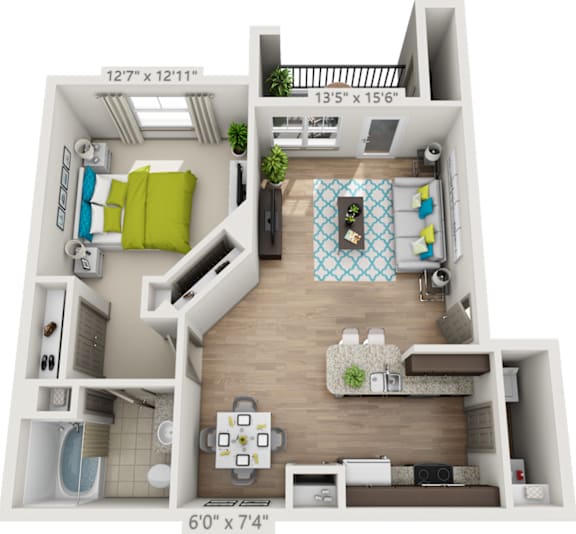 A 60x74 inch floor plan of a small apartment with a living room, kitchen, and bathroom.