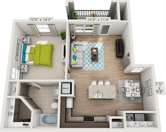 A 3D floor plan of a small apartment with a kitchen, living room, and bathroom.