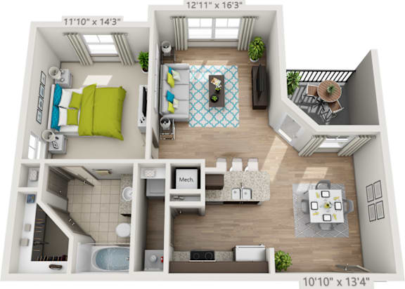 A 3D floor plan of a small apartment with a kitchen, living room, and bathroom.