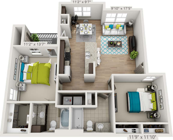A 9'10" x 17'5" living room with a couch, coffee table, and kitchen area.