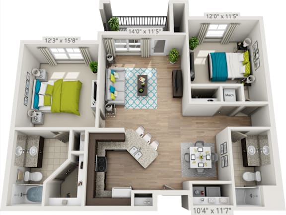 A 3D floor plan of a small apartment with a kitchen, living room, and bedroom.