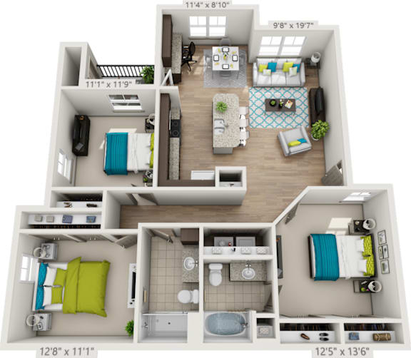 A 3D floor plan of a small apartment with dimensions and measurements.