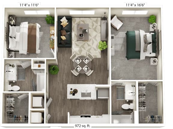 A floor plan of a 972 square foot apartment with two bedrooms, a living room, a kitchen, and a bathroom.