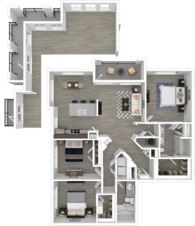 A detailed 3D floor plan of a house layout.