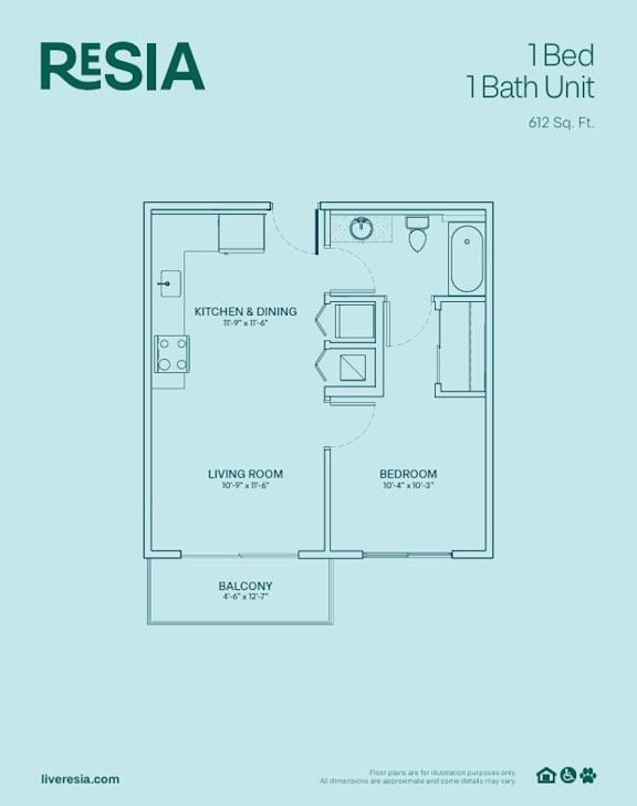 A floor plan for a 1 Bed 1 Bath Unit at RESIA, showing the layout of the kitchen, living room, bedroom, and bathroom.