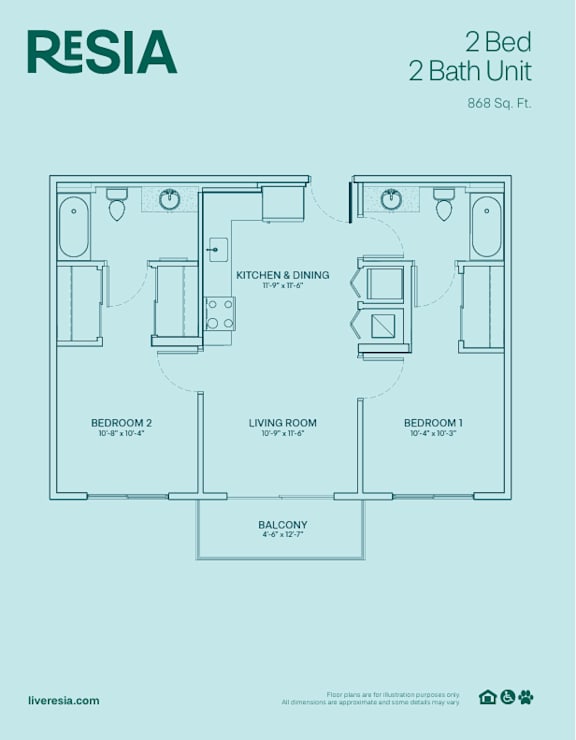 A floor plan for a 2 bedroom, 2 bathroom unit that is 868 square feet.