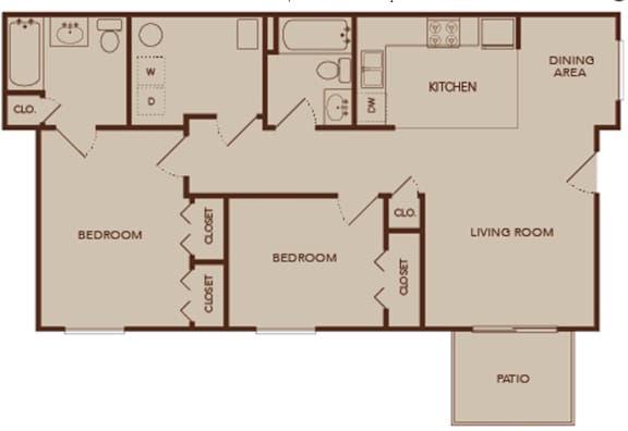 A floor plan of a house with a kitchen, dining area, living room, and patio.