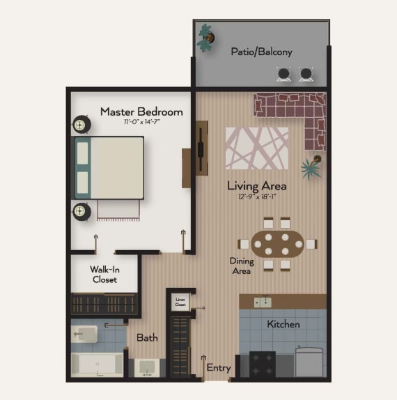 A floor plan of a small apartment with a master bedroom, living area, kitchen, and bath.