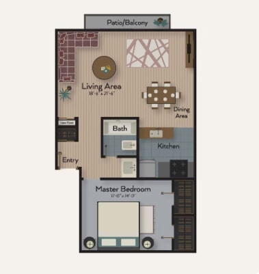 A floor plan of a house with a living area, dining area, kitchen, bath, and master bedroom.