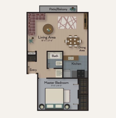 A floor plan of a small apartment with a living area, kitchen, bath, and master bedroom.