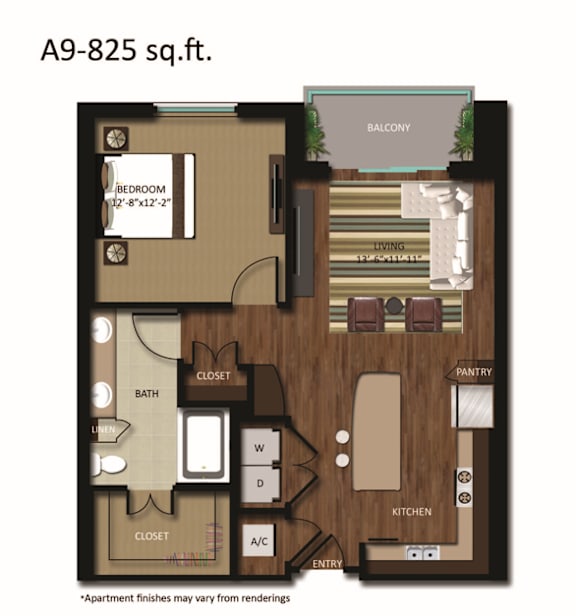 Apartment floor plan with a bedroom, bathroom, closet, living room, dining room, kitchen, pantry, and balcony.