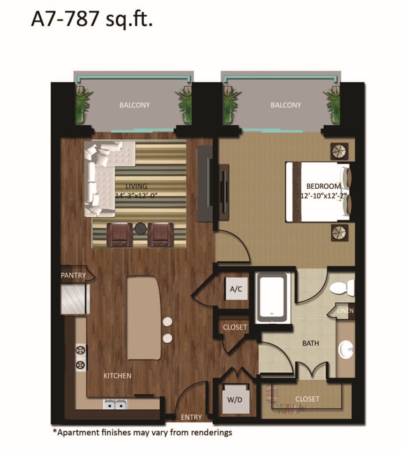A floor plan of an apartment with a living room, kitchen, pantry, bathroom, and two bedrooms.