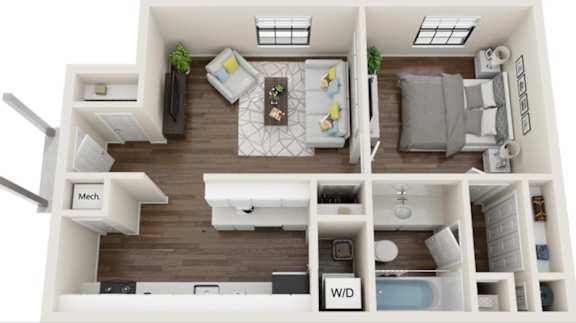 A top-down view of a small apartment with a kitchen, living room, and bathroom.