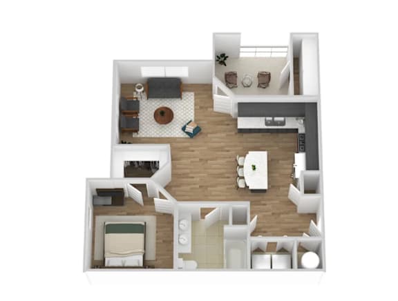 A top down view of a small apartment with a kitchen, living room, and two bedrooms.