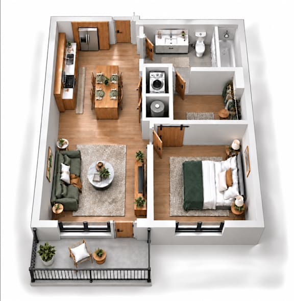 A top-down view of a modern apartment layout with a living room, kitchen, and bathroom.