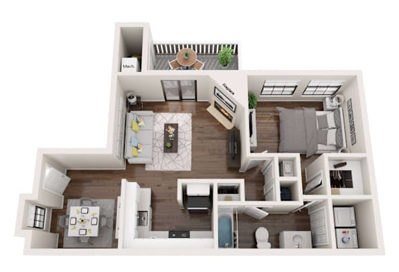 A top-down view of a two-bedroom apartment with a living room, kitchen, and bathroom.