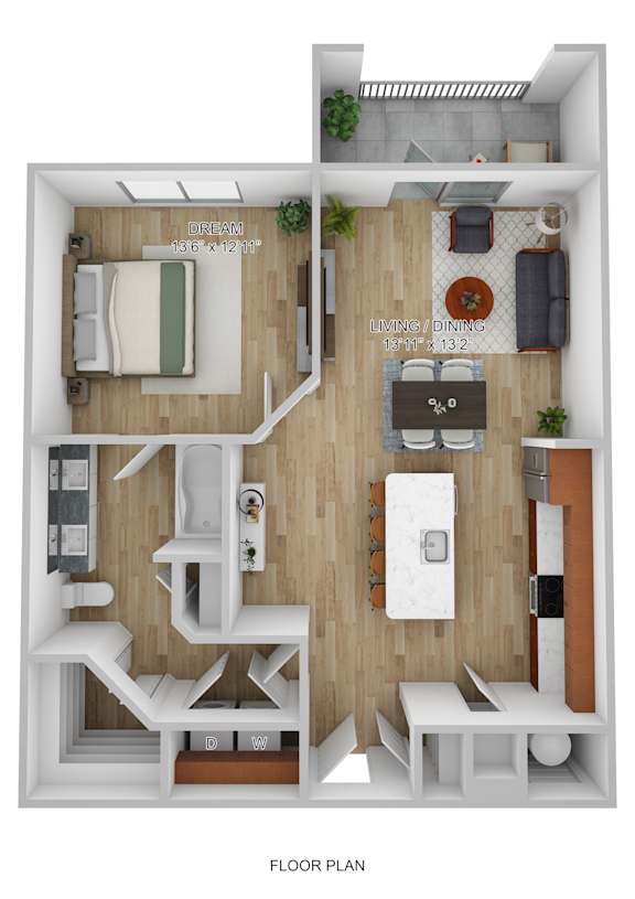 A floor plan of a small apartment with a bedroom, living room, and kitchen.