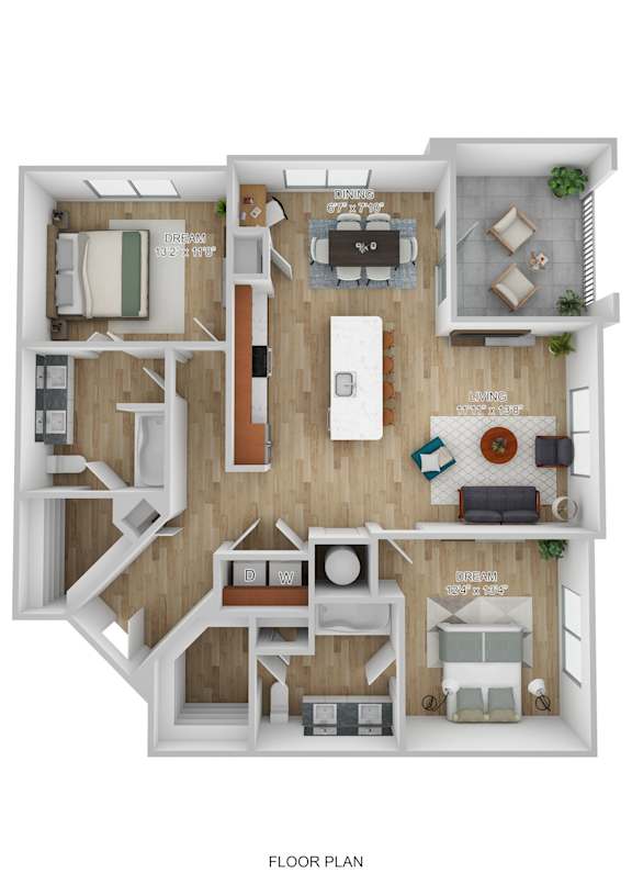 A floor plan of a two-bedroom apartment with a living room, kitchen, and bathroom.