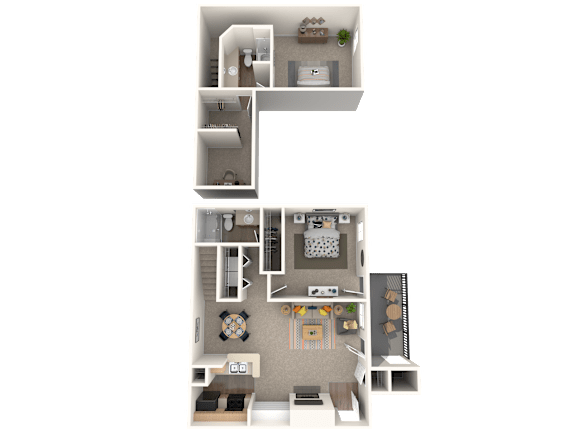 A 3D floor plan of a small apartment with a kitchen, living room, and bathroom.