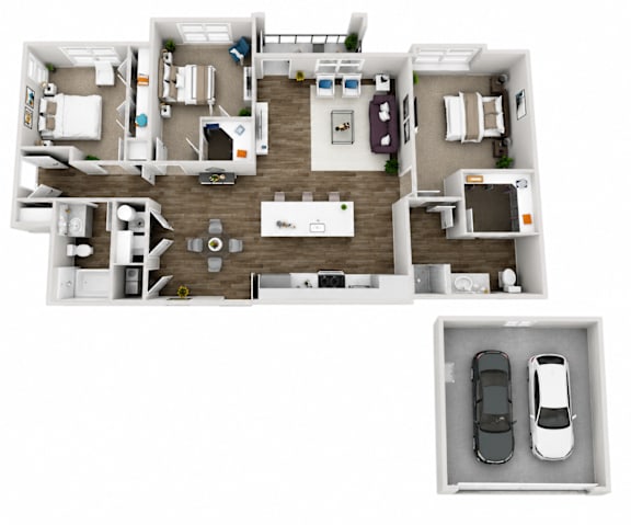 A top down view of a house interior with two cars.