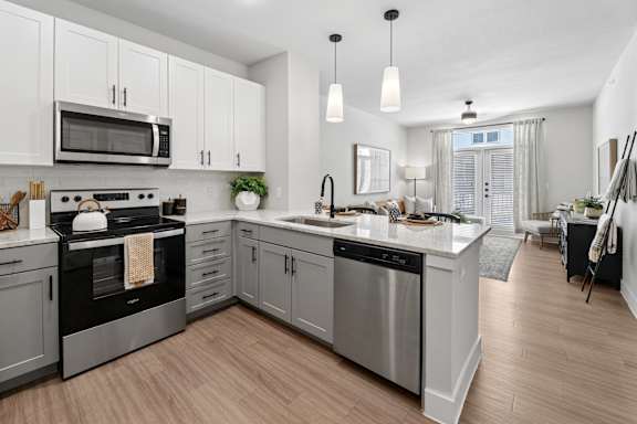 A modern kitchen with a black stove top oven and a black dishwasher.