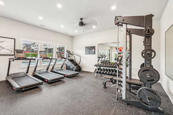A gym with treadmills, weights, and a mirror.