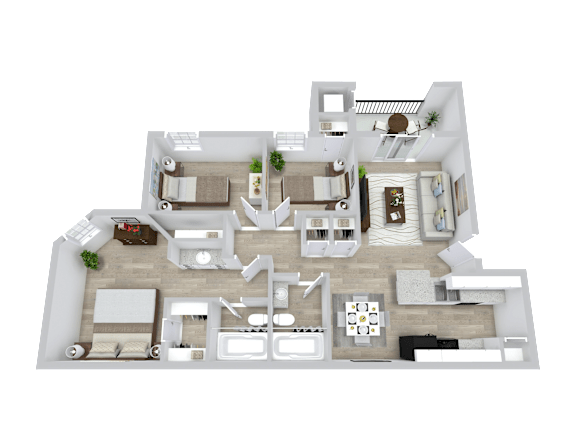 A 3D floor plan of a house with multiple rooms and furniture.