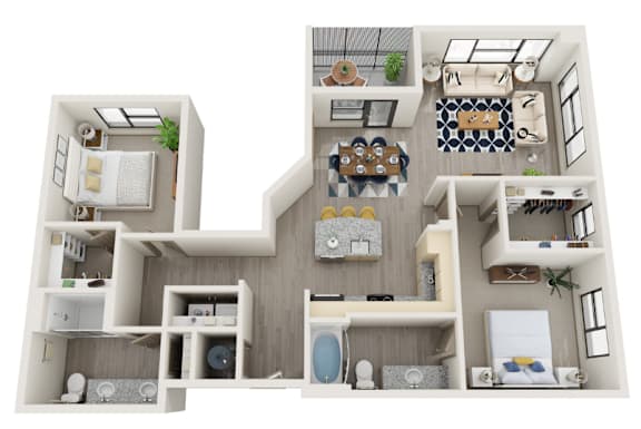 A 3D floor plan of a house with multiple rooms and furniture.