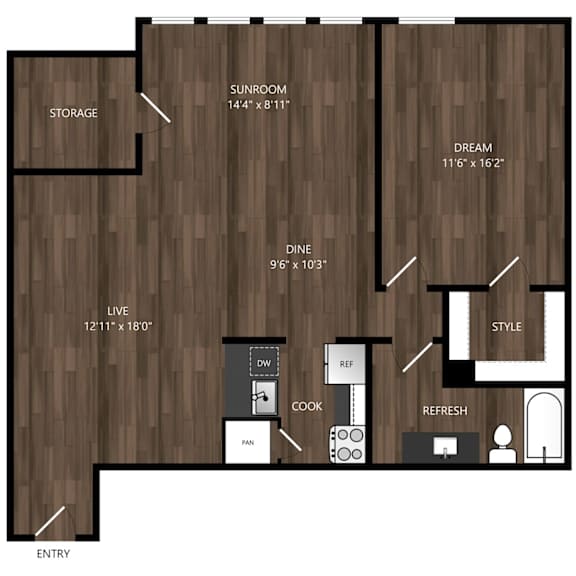 A floor plan of a house with a sunroom, dining area, kitchen, and living room.