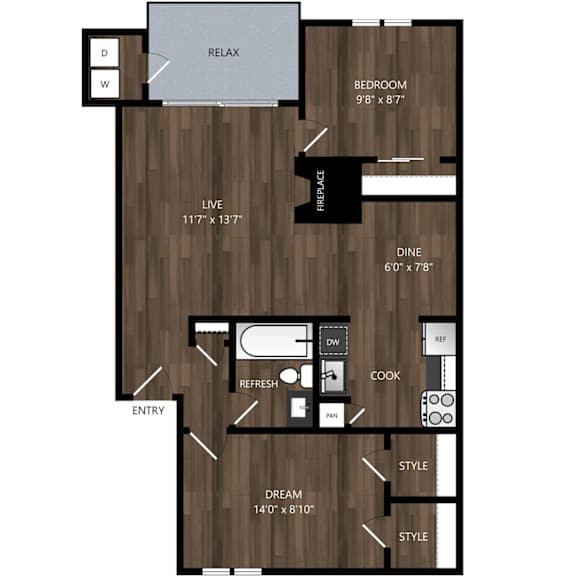 A floor plan of a house with a bedroom, living room, and kitchen.