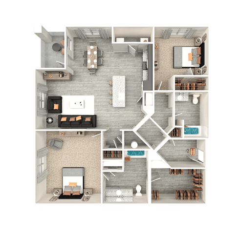 A top-down view of a house layout with a living room, kitchen, and bedrooms.