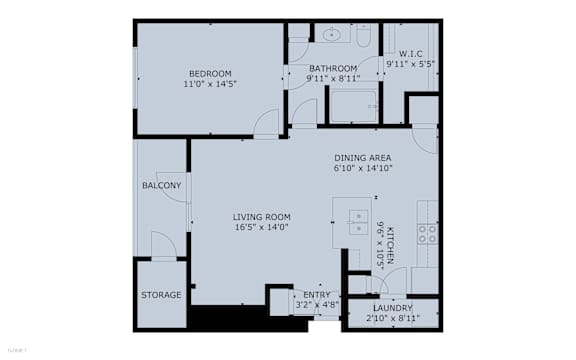 A floor plan of a house with a living room, dining area, kitchen, bathroom, bedroom, and storage.