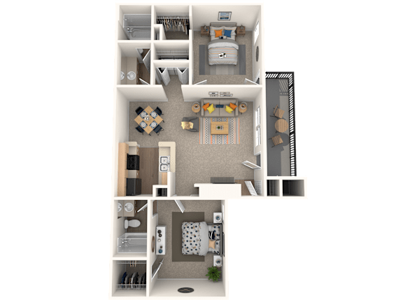 A 3D floor plan of a small apartment with a kitchen, living room, and bathroom.