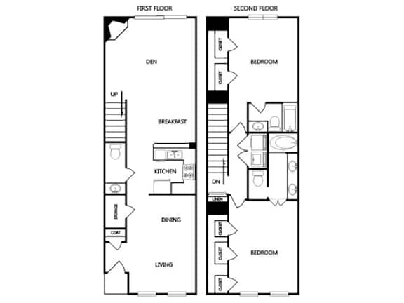 A black and white diagram of a two-story apartment layout.