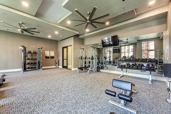 A spacious gym with a variety of equipment including treadmills, weights, and a television.