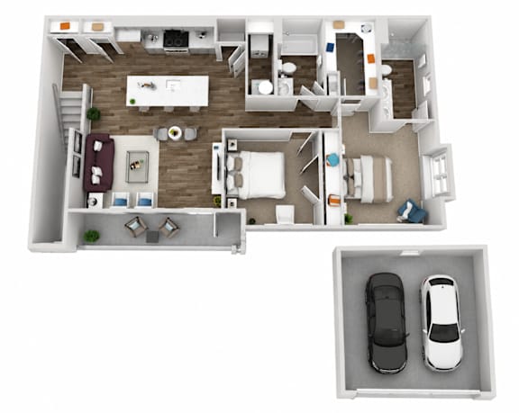 A top down view of a house interior with two cars.